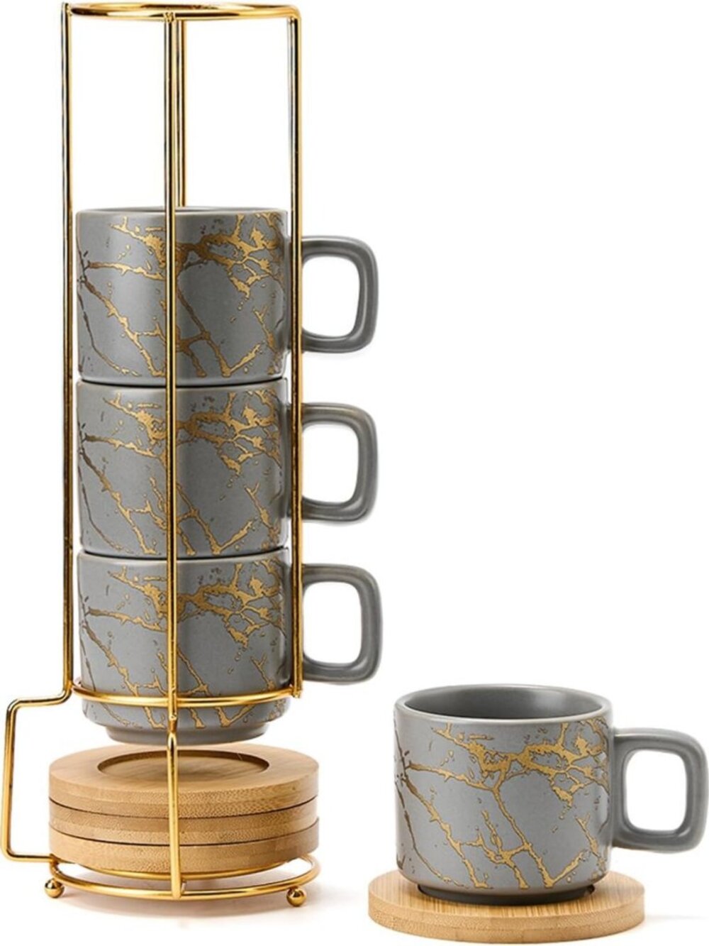Stackable Porcelain Espresso Cups Set of 4 with Saucer & Metal Stand - Gray